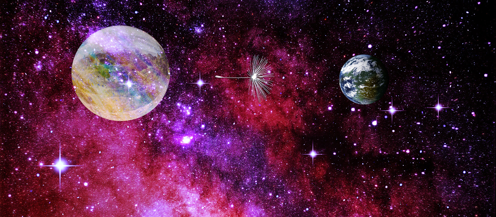A fanciful nebula space shot in dark and light reds, purples and blue stars, with a stylized "bubble" that contains a city on the left, floating in space, a metallic dandelion seed in the middle, and the planet Lon on the right. The picture has a lot of depth.