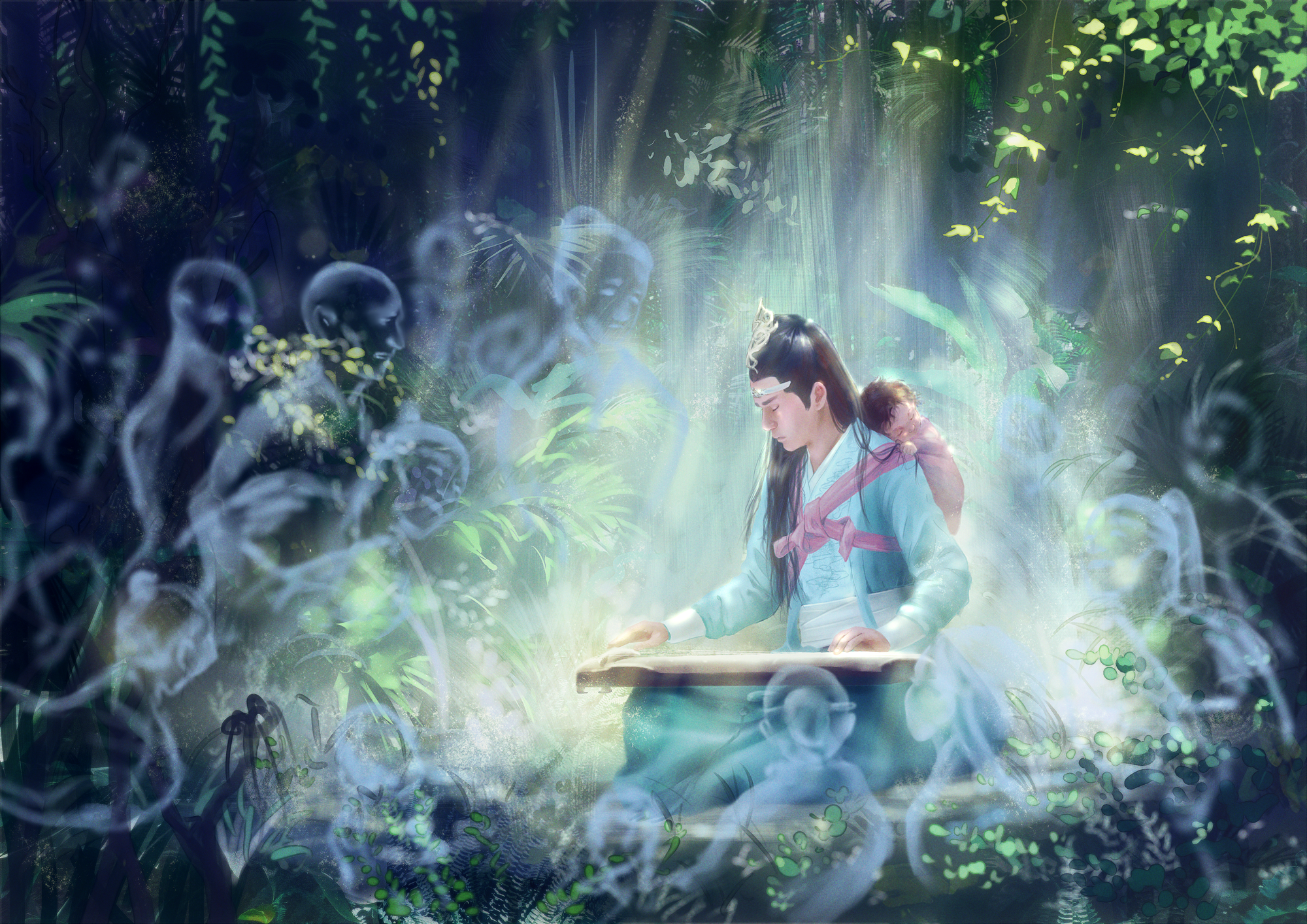 In this lush painting, Lan Wangji sits, playing the guqin in a sunbeam in a small clearing in a dark forest. There is a baby on his back (A-Yuan) in a traditional Chinese meh dai carrier. The carrier is red and straps come over LWJ's shoulders and cross in front of him where they are knotted with the waist straps. A circle of ghostly figures listens to him play. A-Yuan is asleep, with a few threads of hair caught in one hand. His cheeks are very fat.