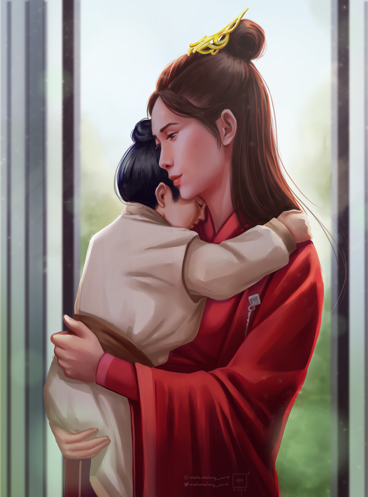 Fully shaded drawing of Wen Qing, a Chinese woman in traditional dress, wearing red, holding Mo Xuanyu, a small seven-year-old, in her arms as he cries with relief. Her expression is tender, and his clothes are cream colored. His hair is in a high top knot, and her hair is half-up in an intricate guan. They are standing in a doorway with blurry greenery behind them. The art is by @melomelany_art on Twitter.